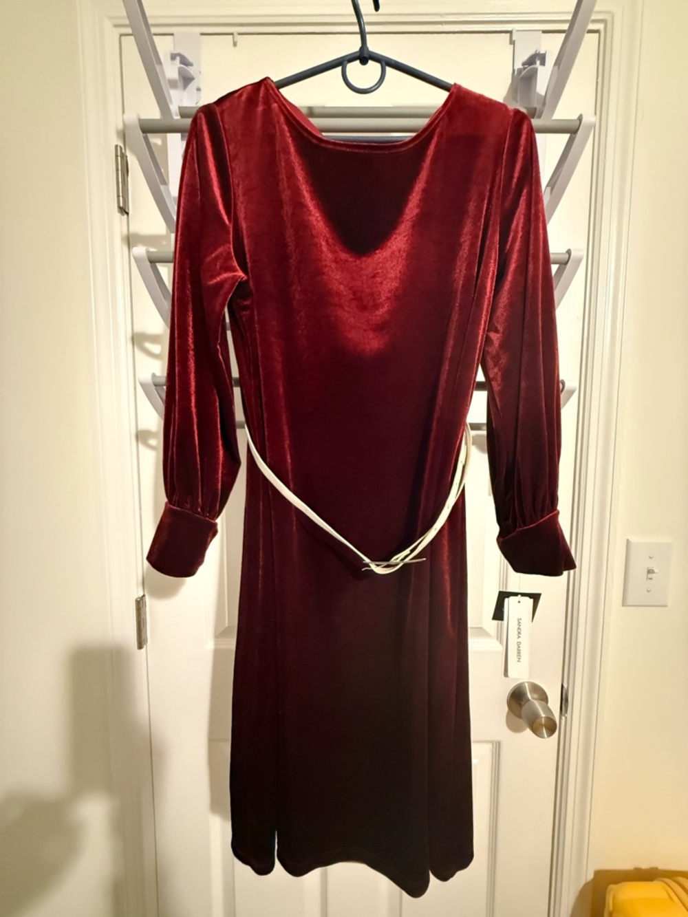 Sandra Darren Burgundy Velvet Long Sleeve Midi Dress